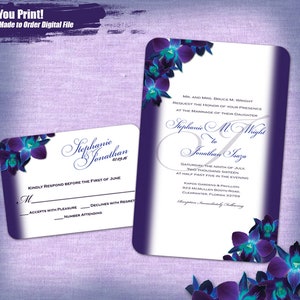 Blue Orchid Wedding Invitation Set Digital, Printable Wedding Invitation Suite, Purple Orchid Invitation Printable, Printable Invitations