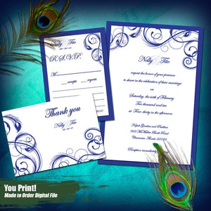 Peacock Blue Wedding Invitation 3 pc Set Digital, Peacock Printable Invitation. Peacock feather invitation, peacock invites, Peacock wedding