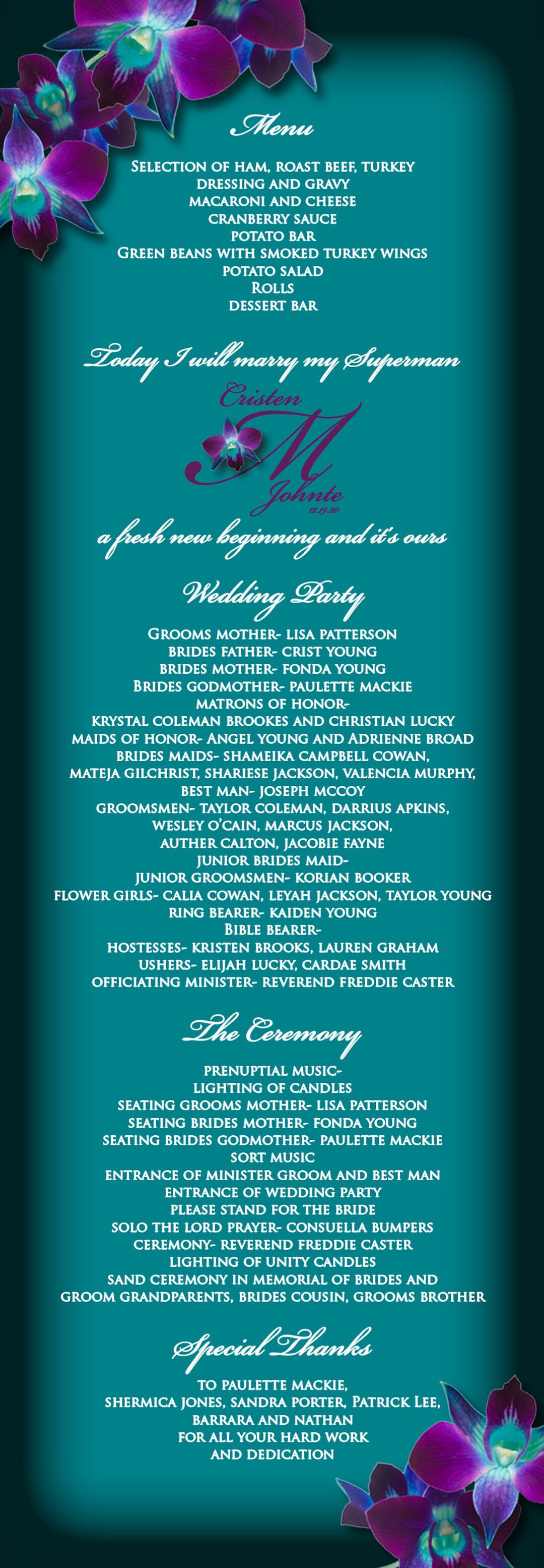 C&amp;J Custom Teal Background Blue Orchid Menu, Printable Menu/program ...