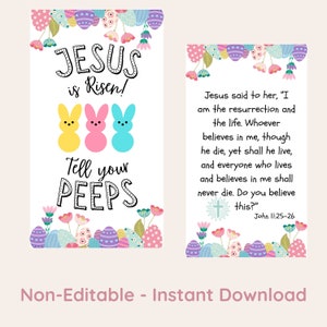 Jesús ha resucitado, cuéntaselo a tus amigos, imprimible para Pascua, píos para cristianos, PDF no editable, descarga instantánea, etiquetas de Pascua para cesta de niños