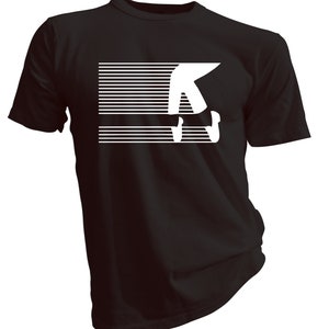 May include: Black t-shirt featuring a white graphic of a person's legs in a dance pose, set against a horizontal striped background. The design is a minimalist illustration, likely a tribute to a famous dancer or performer.