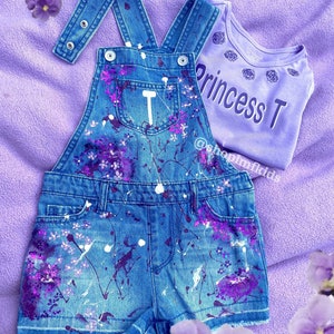Little Girls Custom Overalls Playsuit, Floral Denim Jumpsuit, Toddler Girl Denim Set, Personalized Glitter Denim Birthday Outfit ANY COLOR