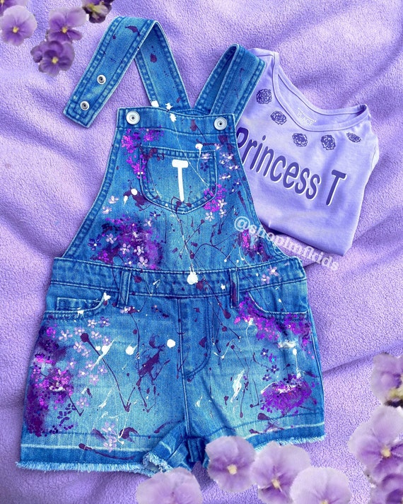 Little Girls Custom Overalls Floral Denim Art Outfit Toddler Etsy