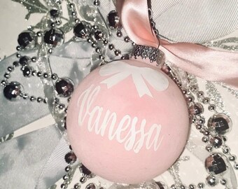 Personalized Pink Velvet Christmas Ornament: Frosted Coquette Bow Bauble