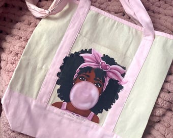 Personalized Black Girl Tote Bag, Large Pink Canvas Bag, Natural Hair Bag, Dance Tote Bag