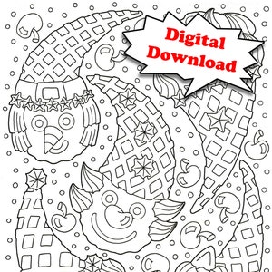 May include: Black and white coloring page featuring a whimsical design of waffle cones with faces and cherries. The text "Digital Download" is in a speech bubble.