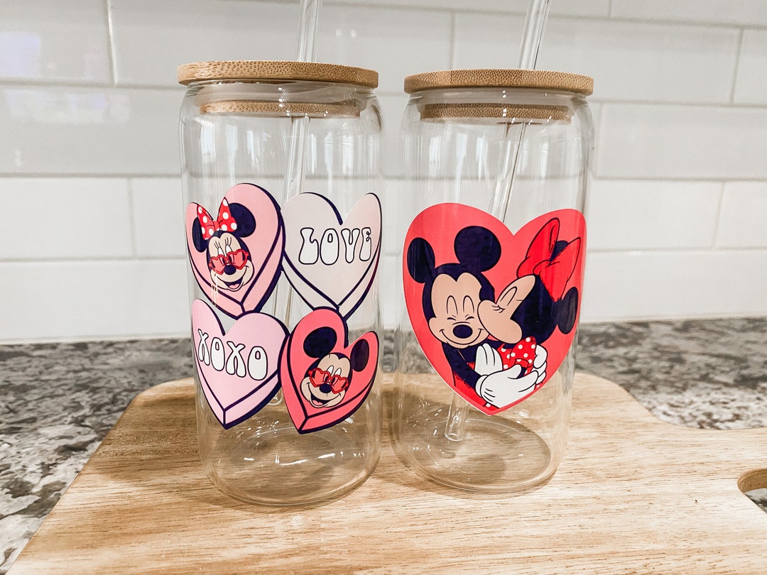 Disney Valentine Glass Cups Disney Cup Mickey and Minnie Valentines Cup