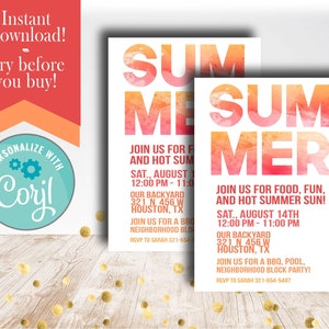 Summer Party Invite / Block Party / Cook out invitation / Summer BBQ / Neighborhood party / Summer Kick off Invitation / End of School Party