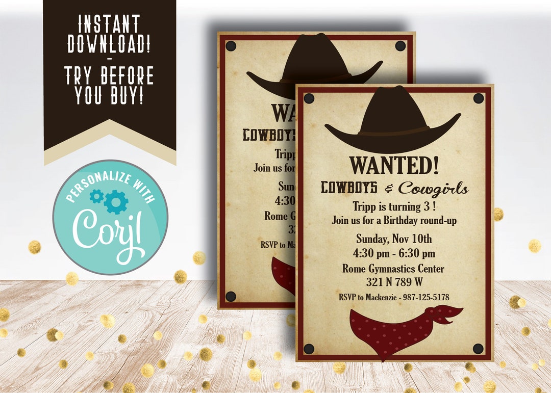 Cowboy Birthday Party Invitation / Western Party Invite / Cowgirl ...