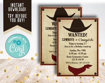 Cowboy Birthday Party Invitation / Western Party Invite / Cowgirl Birthday Invite / Rodeo Birthday / Printable / Paperless Post