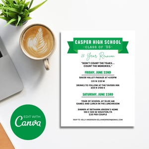 May include: A white invitation for a Casper High School class reunion, with green accents and text. The invitation includes the reunion details, such as the date, time, and location. A cup of coffee and a plant are in the background.