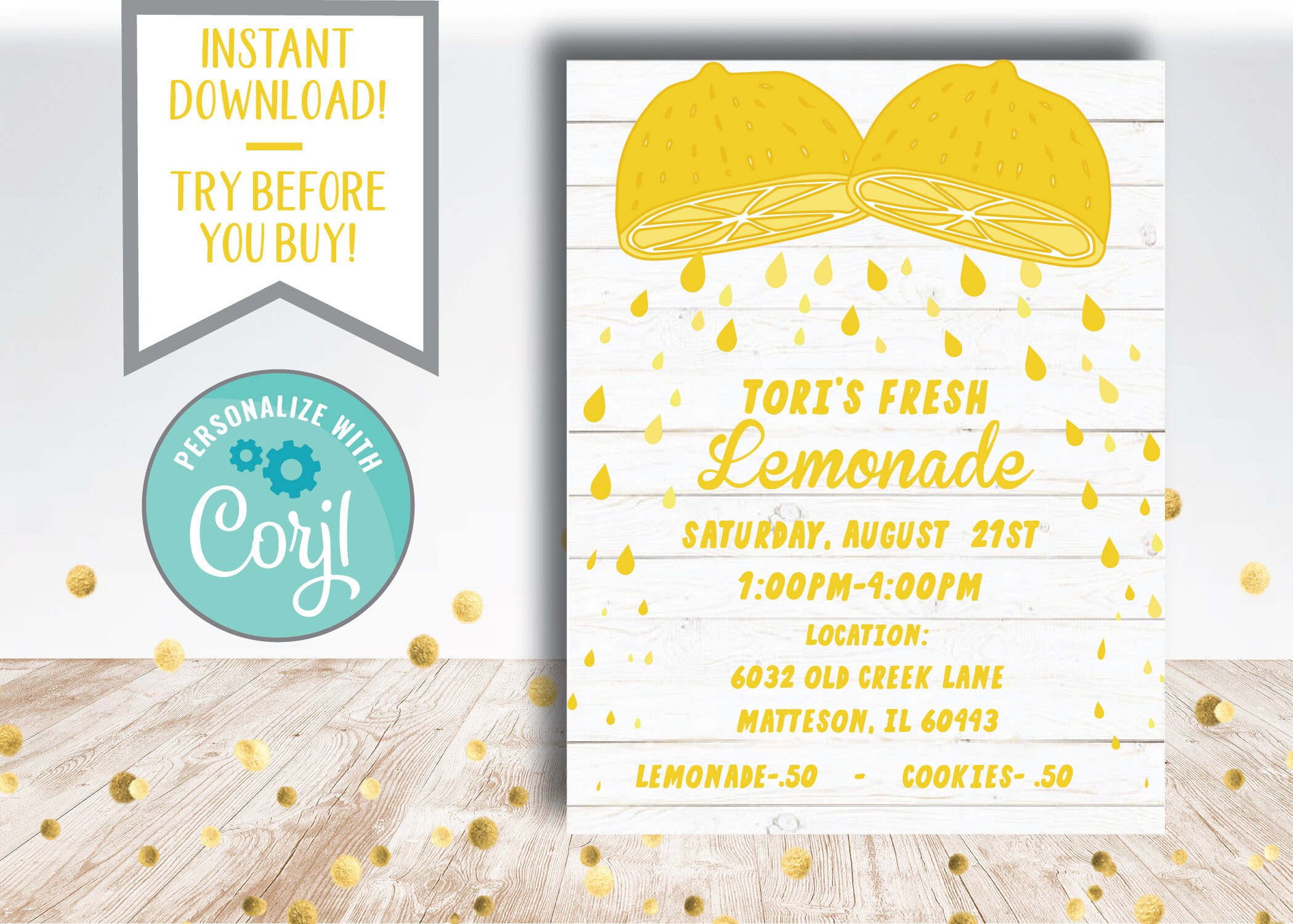Paper LEMONADE Stand FUNDRAISER Sale 5x7 Invite 8.5x11 Flyer 11x14 Poster 300 dpi