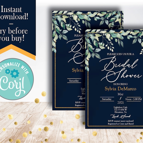 Gold and Blue Wedding invitation / Navy Blue Bridal Shower / Greenery Wedding Invitation / Blue and Green Bridal Shower / Paperless Post