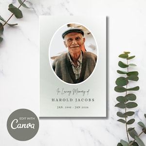 May include: A memorial card featuring a portrait of an elderly man in an oval frame. The text "In Loving Memory of HAROLD JACOBS JAN. 1945 - JAN 2026" is below the photo. The words "Edit with Canva" are in a gray circle.