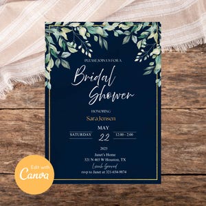 Gold and Blue Wedding invitation / Navy Blue Bridal Shower / Greenery Wedding Invitation / Blue and Green Bridal Shower