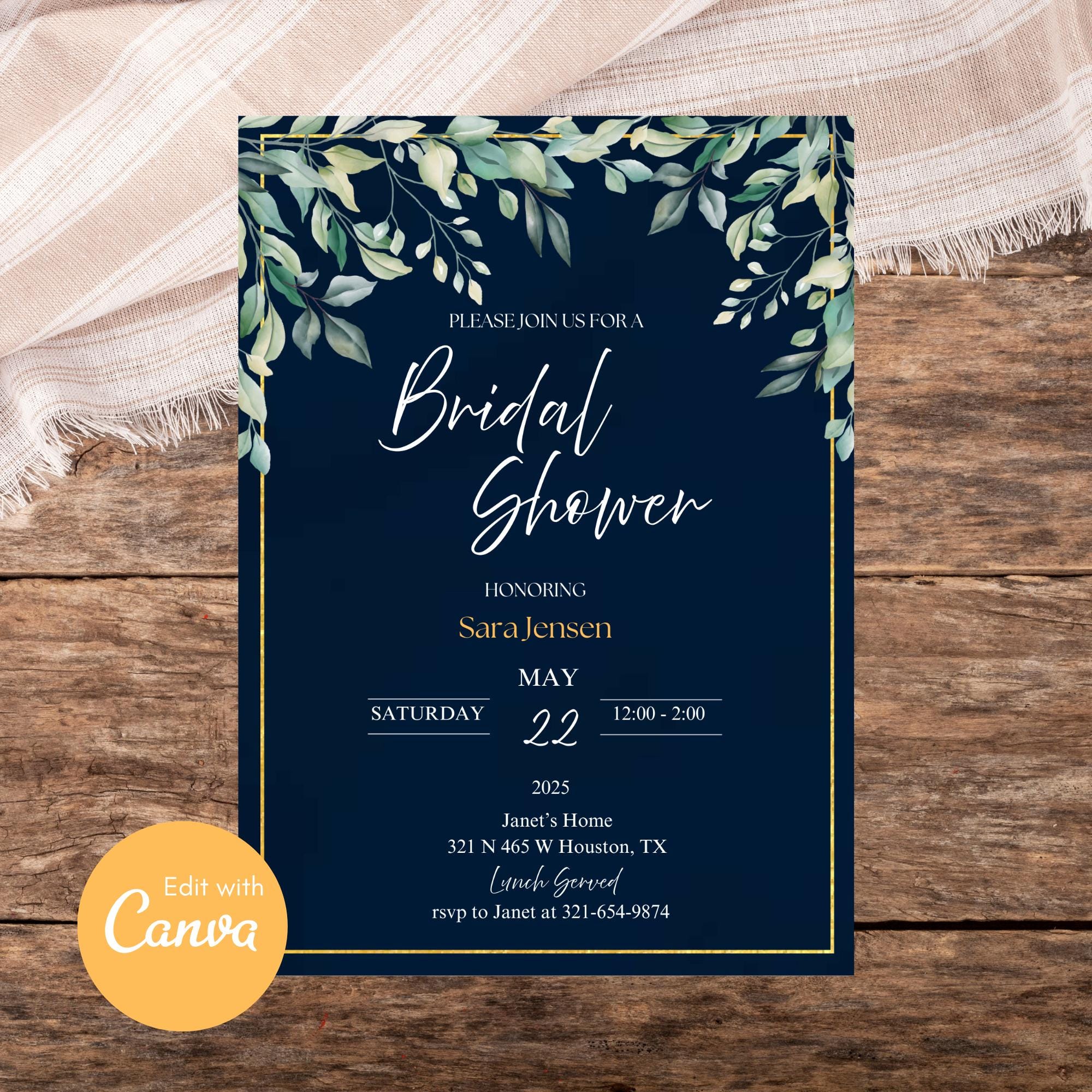 Gold \u0026 Blue Wedding Invitation: Greenery Bridal Shower (digital Download  5x7\, image size:2000x2000