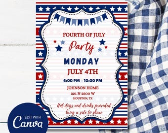 Patriotic BBQ Party Invitation: Block Party, 4th of July (Digital Download)