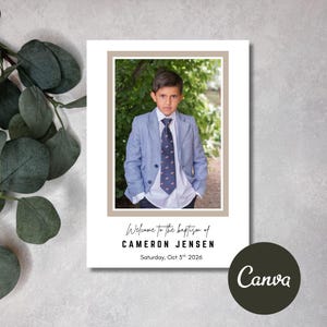 May include: Baptism invitation featuring a young boy in a blue blazer and patterned tie. The invitation includes the text "Welcome to the baptism of Cameron Jensen" and the date "Saturday, Oct 3rd 2026".