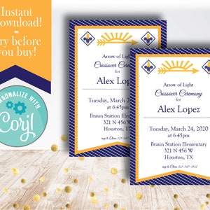 Eagle Scout Invitation / Blue and Gold invitation / Boy Scout Award / Arrow of Light / Cub Scout / Court of Honor / Crossover invitation