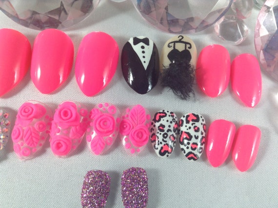 Pink Press on Nails | Short Almond Nails | 3d Feather Nails | Glitter Nails  | 3d Flower Nails | Prom Nails | Cheetah Nails | Black Tie Nails - Etsy