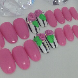 Pink press on nails, glue on nails, press on nails, fake nails, hand painted nails, oval nail, coffin nails, short nail set, 3d nail set