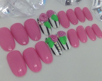 Pink press on nails, glue on nails, press on nails, fake nails, hand painted nails, oval nail, coffin nails, short nail set, 3d nail set