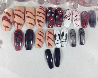 uñas de Halloween, clavos de ataúd, uñas de Halloween 3d, uñas gore, arte de uñas espeluznante, arte de Halloween, uñas sangrientas, uñas de ataúd largos, bailarina