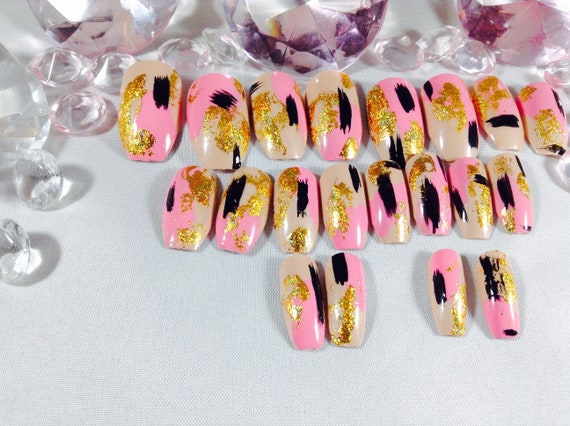 Press On Nails Coffin Nails Fake Nails Set Pink And Gold Etsy
