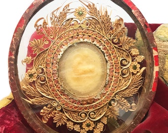RESERVED …….FOR A                              LARGE Nineteenth Century Monastery Double Sided Paperolle Relic with Agnus Dei Wax Medallions