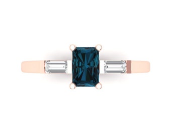 0.8 ct Brilliant Emerald Cut Natural London Blue Topaz Sterling Silver Rose Gold Plated Three-Stone Ring