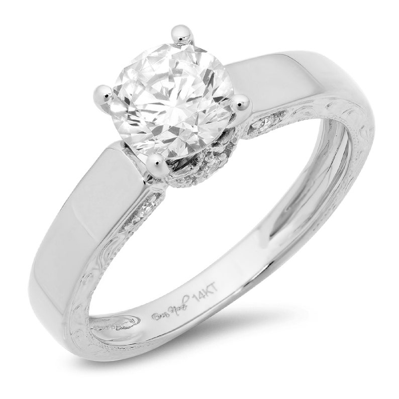 1.7ct Round Clear White Sapphire VVS1 Promise statement Bridal Wedding Engagement Classic Designer Ring Solid 14k White Gold