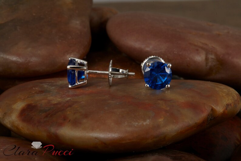 Earrings Blue Blue Earrings Blue Stone Stud Earrings 2.0 CTW Round Cut Blue Stud Earrings in Solid 14k Real White Gold Screw Back Blue