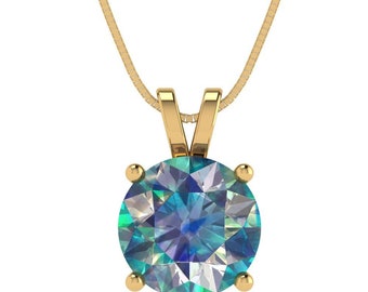 3 ct Brilliant Round Cut Solitaire Genuine Blue Moissanite Gemstone Real Solid 18K 14K Yellow Gold   Pendant with 18" Chain