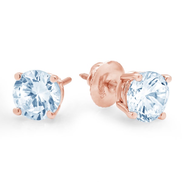 1.0 ct Round Brilliant Cut Solitaire Aquamarine Blue Simulated Diamond Stud Earrings Solid 14k Rose Gold Anniversary Birthday Bridal Gift