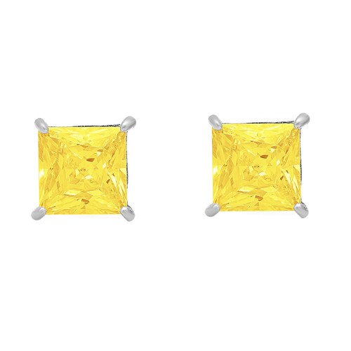 2 ct Princess Brilliant Cut Solitaire Canary Yellow Simulated Diamond Stud Earrings Solid 14k shops White Gold Anniversary Birthday Bridal Gift