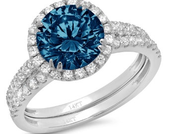 2.72 Round Cut Halo Pave Natural London Blue Topaz Designer Promise Engagement Wedding Bridal Ring Band set 14k White Gold