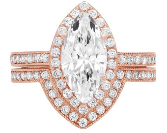 2.16 ct Marquise Cut Conflict Free Natural Diamond SI1-2  G-H Rose Solid 14k or 18k Gold Halo Solitaire with Accents Bridal Set