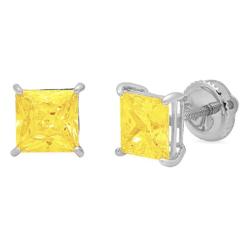 2 ct Princess Brilliant Cut Solitaire Canary Yellow Simulated Diamond Stud Earrings Solid 14k shops White Gold Anniversary Birthday Bridal Gift
