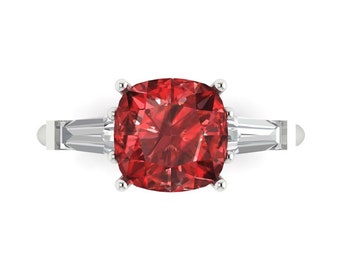 3 ct Brilliant Cushion Cut Natural Garnet Stone White Gold Three-Stone Ring