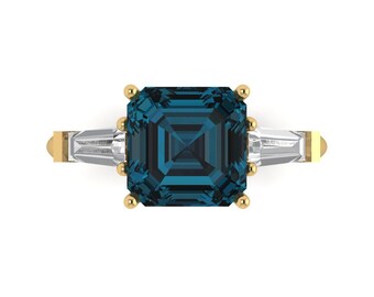 3 ct Brilliant Asscher Cut Natural London Blue Topaz Sterling Silver Yellow Gold Plated Three-Stone Ring