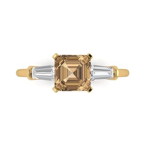 1.62 tcw Emerald Cut Engagement Ring in 14K Yellow Gold, Simulated Champagne Diamond 3-Stone Anniversary Ring