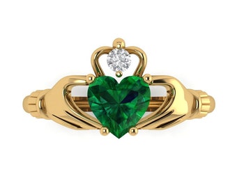 1.06 ct Brilliant Heart Cut Simulated Emerald Sterling Silver Yellow Gold Plated Solitaire Claddagh Ring