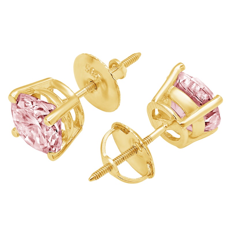 3.0 ct Round Brilliant Cut Solitaire Pink Simulated Diamond Stud Earrings Solid 14k Yellow Gold Anniversary Birthday Bridal Gift