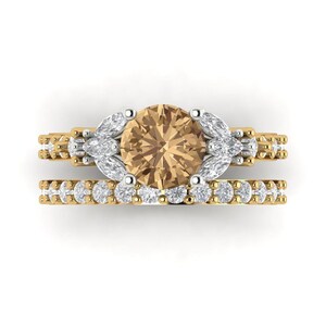 Bridal Set with Round Cut Simulated Champagne Diamond Engagement Ring and Zirconia Wedding Band, 2.94 tcw in 14K 2-Tone Gold, Anniversary