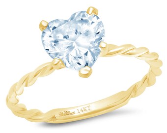 2 Heart Cut Rope Knot Natural Sky Blue Topaz Classic Wedding Engagement Bridal Promise Designer Ring Real Solid 14k Yellow Gold