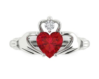 1.06 ct Brilliant Heart Cut Simulated Ruby Stone White Gold Solitaire Claddagh Ring