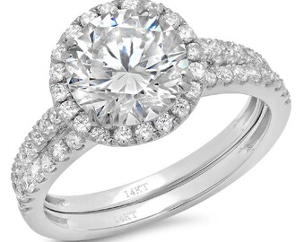 2.56 ct Brilliant Round Cut Conflict Free Natural Diamond SI1-2  G-H White Solid 14k or 18k Gold Halo Solitaire with Accents Bridal Set