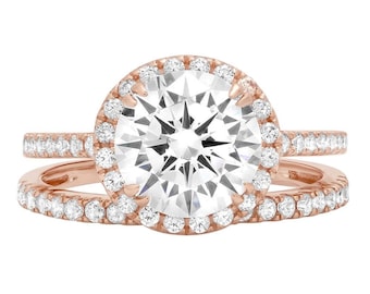 2.56 ct Brilliant Round Cut Conflict Free Natural Diamond VS1-2  J-K Rose Solid 14k or 18k Gold Halo Solitaire with Accents Bridal Set