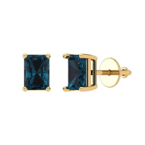 1 ct Brilliant Emerald Cut Solitaire Studs  Designer Genuine Flawless Natural London Blue Topaz 14K 18K Yellow Gold Earrings Screw back
