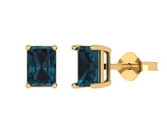 2 ct Brilliant Emerald Cut Solitaire Studs  Designer Genuine Flawless Natural London Blue Topaz 14K 18K Yellow Gold Earrings Screw back